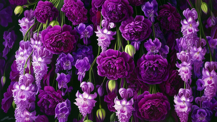 Obraz premium Purple petals cascade in luxurious display, each bloom bursting with vivid hues and delicate fragrance.