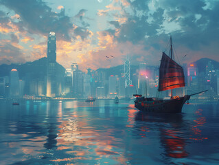 Naklejka premium Hong Kong Victoria harbour at sunset