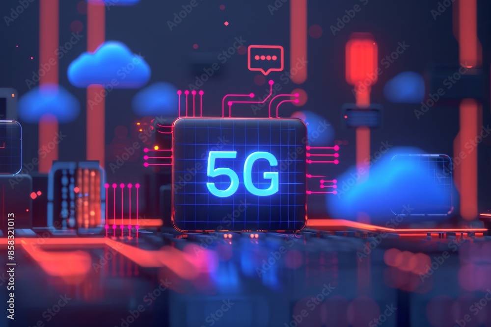 Poster futuristic 5g network technology with glowing circuit board background, representing fast and effici