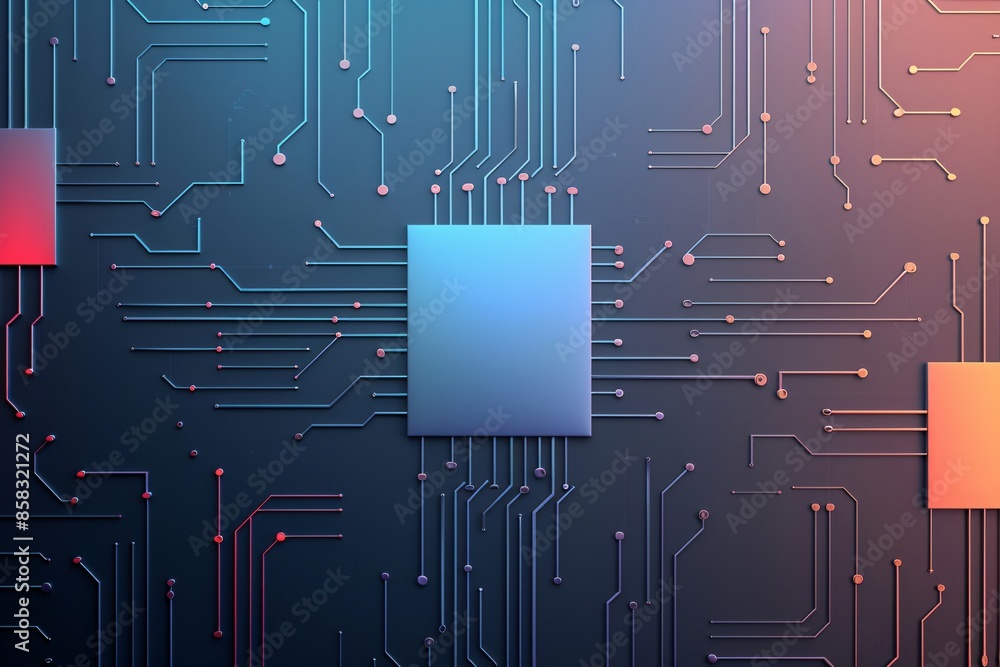 Poster futuristic circuit board background with glowing microchips and electronic components in vibrant col