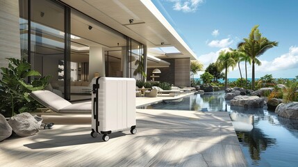 A vacation travel suitcase in a luxury holiday villa. Generative ai