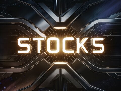 The image is of a glowing yellow and white text that reads "STOCKS" in front of a dark grey background with a pattern of interlocking hexagons.

 - Powered by Adobe