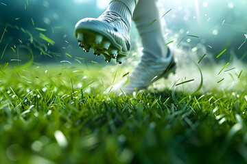 Close-up of a soccer player's cleats striking the ball, with blades of grass flying and motion blur emphasizing the power of the kick 