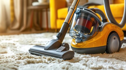 Powerful vacuum cleaner working on a thick, high pile carpet, illustrating its superior cleaning performance.