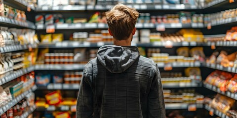 Young man shopping for groceries in a supermarket rear view. Concept Supermarket shopping, Young man, Rear view, Grocery, Healthy lifestyle