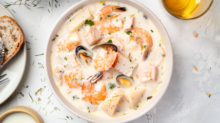 Compact arrangement of a hearty bowl of seafood soup completely filling the frame, featuring fish, shrimp, and potatoes in creamy broth. Highlights comfort and piquancy.

