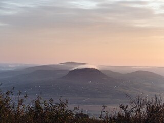 The hill named Csobanc (Csobánc) in Hungary, Balaton area during a foggy autumn sunrise