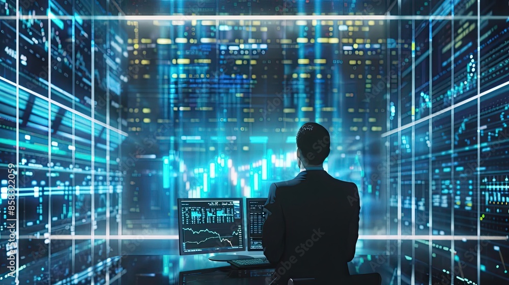 Poster business professional analyzing financial data on multiple screens in a modern high-tech office, sur