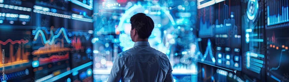 Poster a man analyzing stock market trends and data charts on multiple screens in a high-tech environment, 