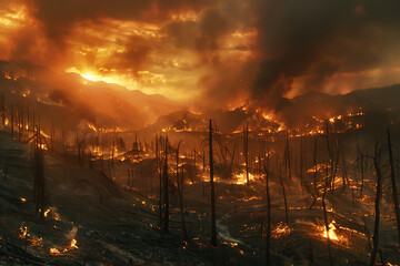 Wildfires consume vast landscapes, fueled by dry conditions and strong winds, leaving trails of destruction in their wake.