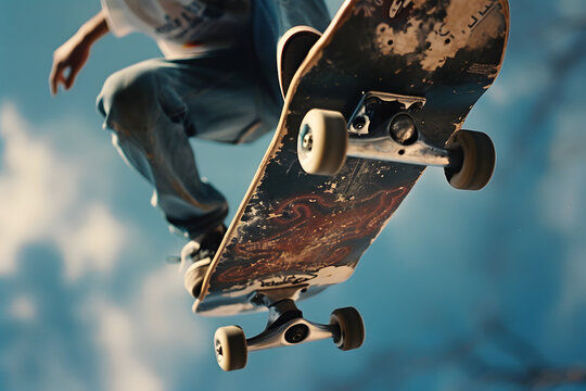 A high-resolution close-up photo of a skateboarder&rsquo;s hand grabbing the board mid-air during a trick, capturing the skill and control in the movement 