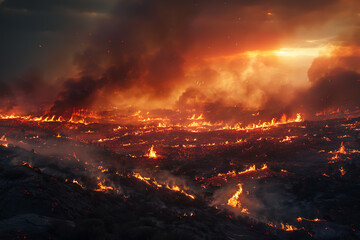 Naklejka premium Wildfires consume vast landscapes, fueled by dry conditions and strong winds, leaving trails of destruction in their wake.