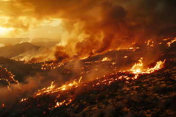Naklejka premium Wildfires consume vast landscapes, fueled by dry conditions and strong winds, leaving trails of destruction in their wake.
