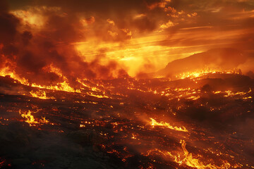 Obraz premium Wildfires consume vast landscapes, fueled by dry conditions and strong winds, leaving trails of destruction in their wake.