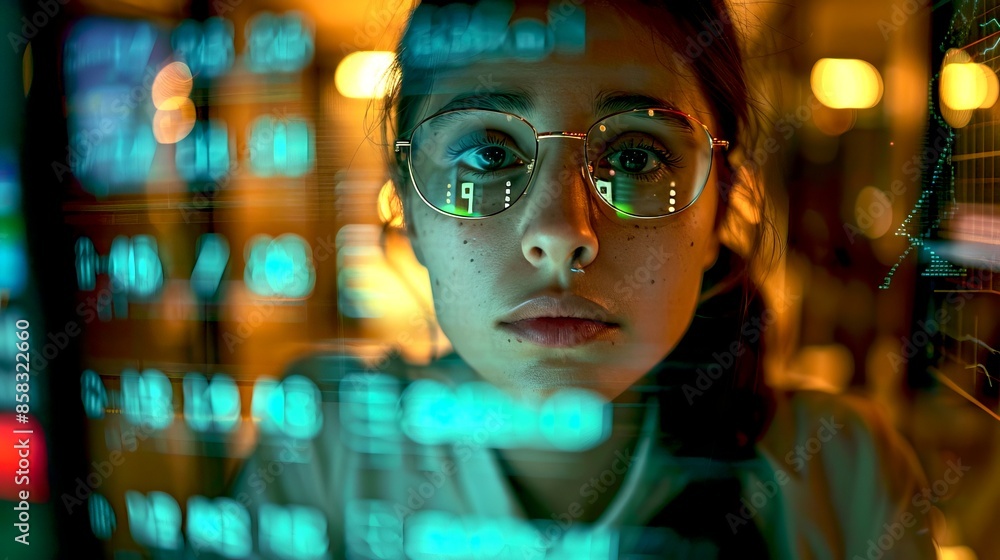 Poster a woman with glasses focuses on an interface. modern technology in a futuristic setting. close-up in