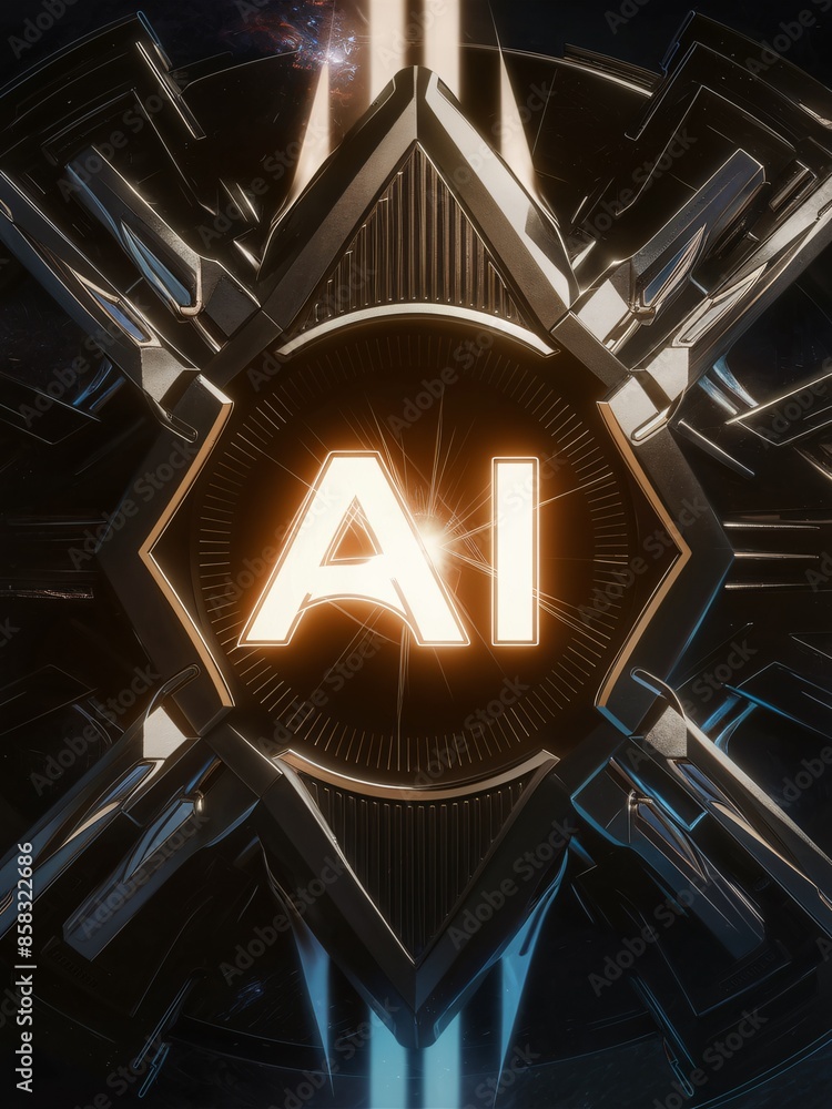 Poster the image is of a glowing orange ai symbol in the center, with a dark background with a pattern of g
