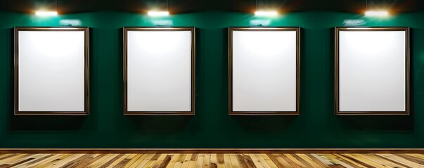 Four blank picture frames, each a different size, on a dark emerald green wall, wooden floor gleaming under gallery lights.