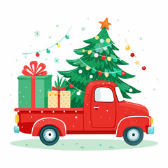 christmas-car-illustration-red-vintage-truck-with