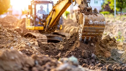 Powerful backhoe excavating soil at a construction site, highlighting the essential role of heavy equipment.