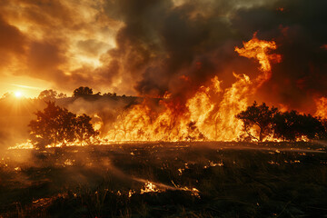 Wildfires consume vast landscapes, fueled by dry conditions and strong winds, leaving trails of destruction in their wake.