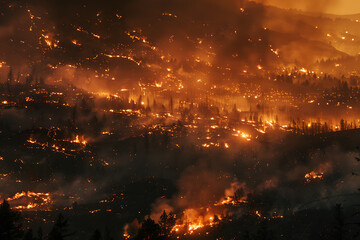 Wildfires consume vast landscapes, fueled by dry conditions and strong winds, leaving trails of destruction in their wake.