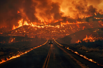 Wildfires consume vast landscapes, fueled by dry conditions and strong winds, leaving trails of destruction in their wake.