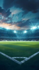 A soccer field with a bright green grass and a few lights in the background. Football stadium arena for professional match with spotlight