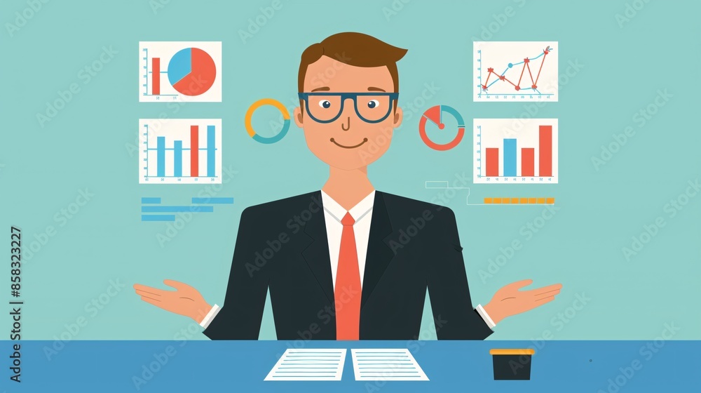 Poster illustration of a businessman presenting data charts with graphs and statistics, showcasing business