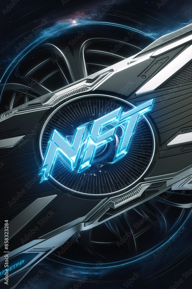 Poster a computer graphics card with a blue glowing fan and the word 