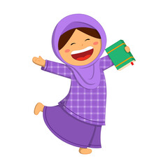 Vector illustration of Muslim girl holding book in hand on transparent background