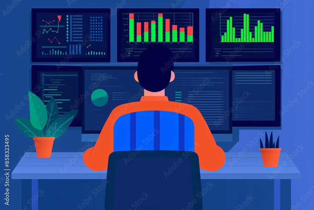 Poster illustration of a data analyst working with multiple screens displaying graphs and charts in an offi