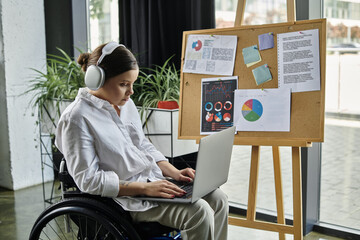 A young businesswoman in a wheelchair works on a laptop in a modern office. She is wearing...