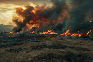 Wildfires consume vast landscapes, fueled by dry conditions and strong winds, leaving trails of destruction in their wake.