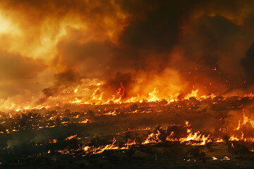 Wildfires consume vast landscapes, fueled by dry conditions and strong winds, leaving trails of destruction in their wake.