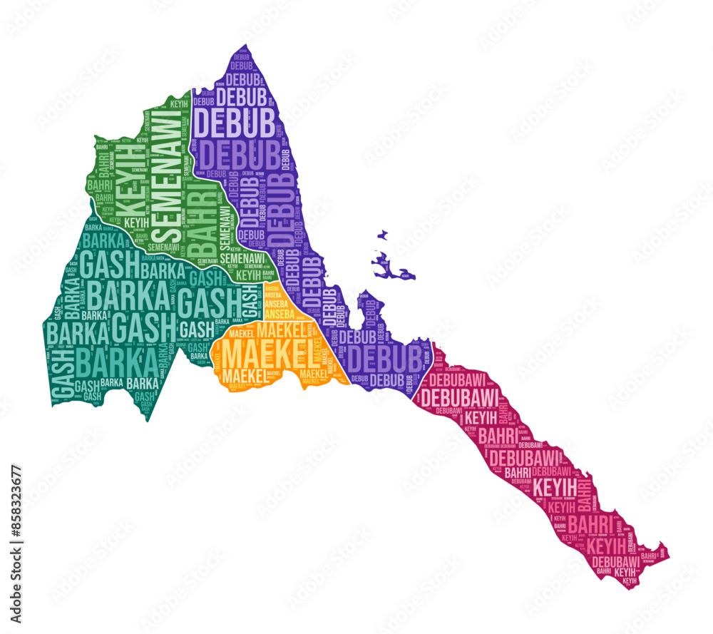 Poster eritrea shape. country word cloud with region division. eritrea colored illustration. region names c