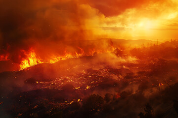 Naklejka premium Wildfires consume vast landscapes, fueled by dry conditions and strong winds, leaving trails of destruction in their wake.