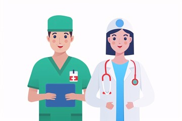 Illustration of a male doctor in green scrubs and a female doctor in a white coat with a stethoscope, representing healthcare professionals.