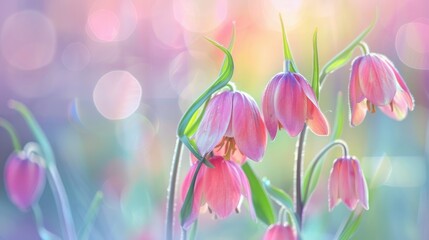Obraz premium Soft focus on fritillaria flowers in spring with pastel bokeh background