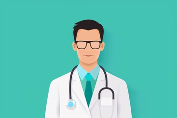 Fototapeta premium Illustration of a male doctor wearing glasses and a white coat with a stethoscope, standing against a green background.