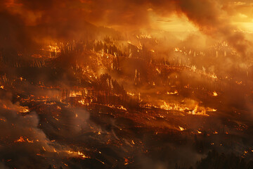 Fototapeta premium Wildfires consume vast landscapes, fueled by dry conditions and strong winds, leaving trails of destruction in their wake.