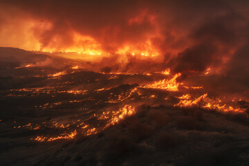 Wildfires consume vast landscapes, fueled by dry conditions and strong winds, leaving trails of destruction in their wake.