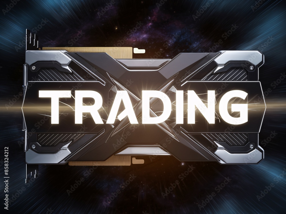 Poster the image is of a computer graphics card with the word trading in bright letters across the card.