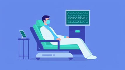 Illustration of a patient wearing a mask, seated in a medical chair while monitoring health with equipment in a modern healthcare facility.