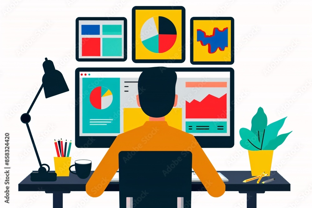 Poster illustration of a person analyzing data on multiple screens. ideal for business, data analysis, and 
