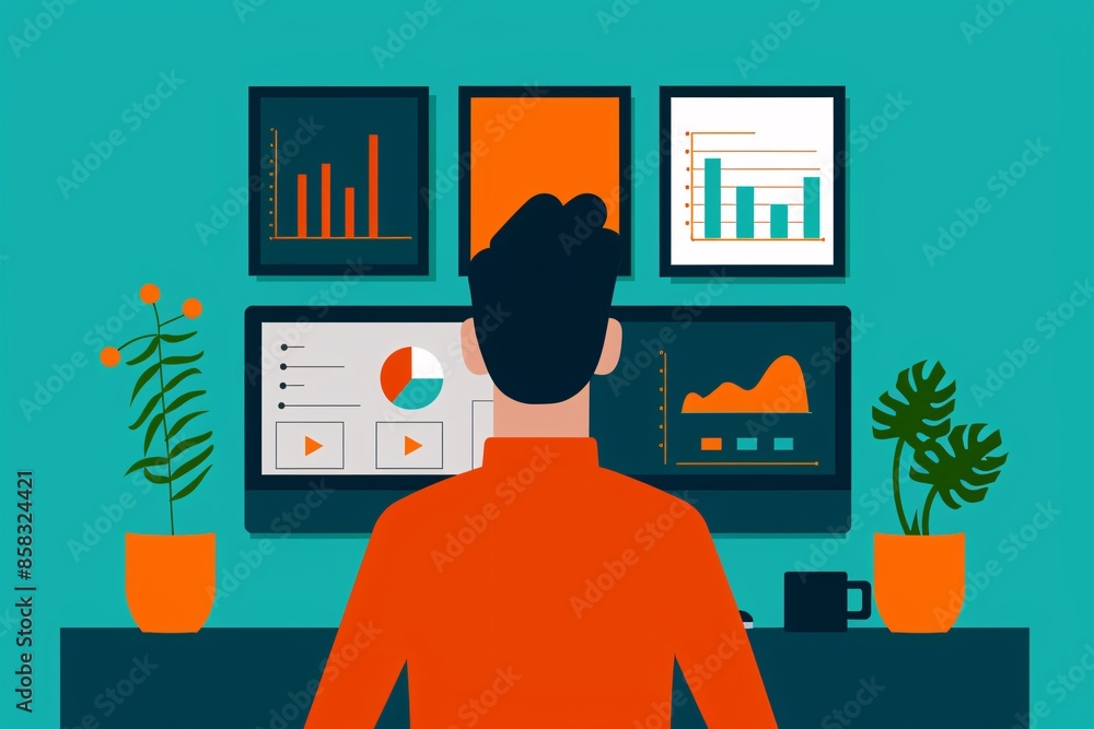 Poster illustration of a person analyzing data on multiple screens in a vibrant office setup with charts, g