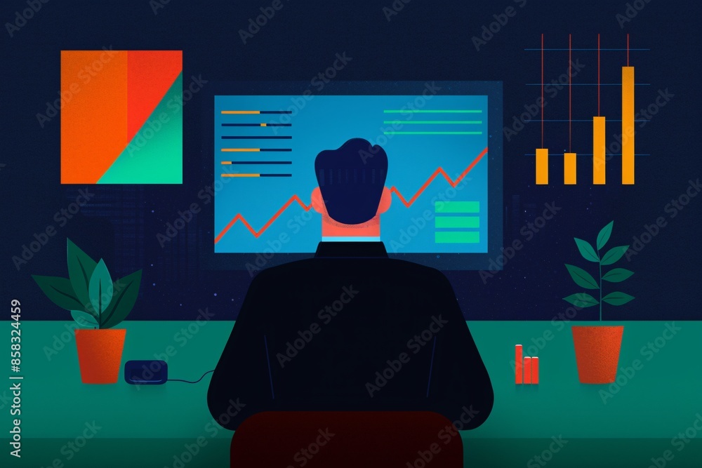 Poster illustration of a person analyzing data on multiple screens, showcasing graphs and charts, in a mode