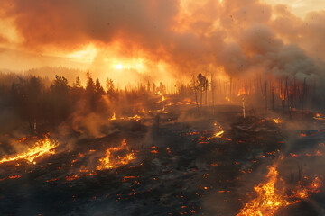Wildfires consume vast landscapes, fueled by dry conditions and strong winds, leaving trails of destruction in their wake.