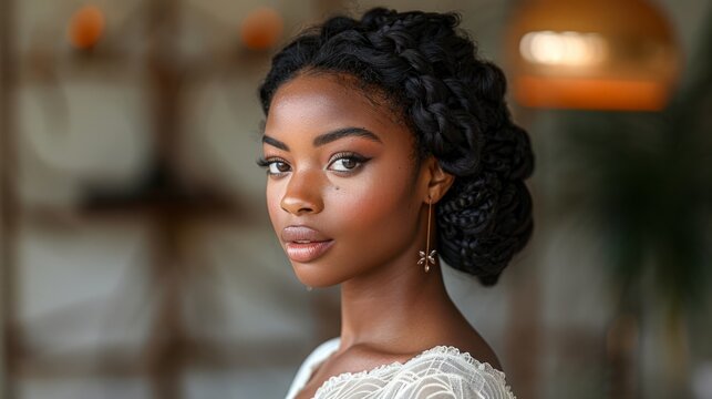 A close-up portrait of a young black woman with her hair braided into a bun, looking over her shoulder. She has a warm, natural makeup look.