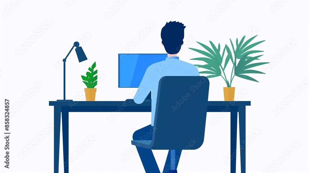 Poster illustration of a person working at a desk with a computer and plants, highlighting a modern workspa