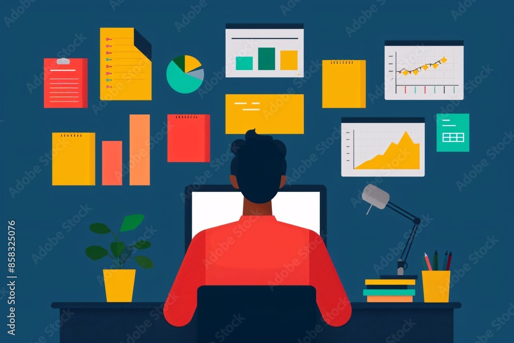 Poster illustration of a person working at a desk with computer and multiple charts on the wall, depicting 
